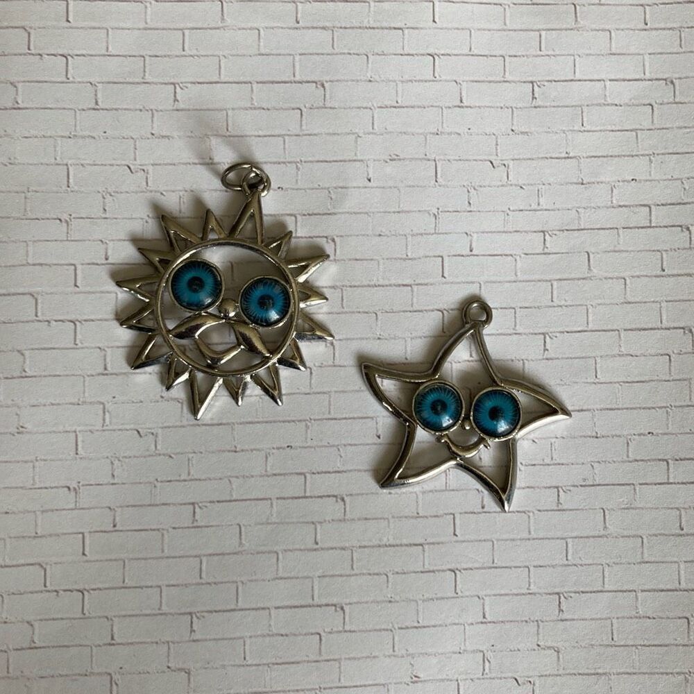 Sun & Star Pendant Charm Set Silver Tone Blue Evil Eye Boho Celestial